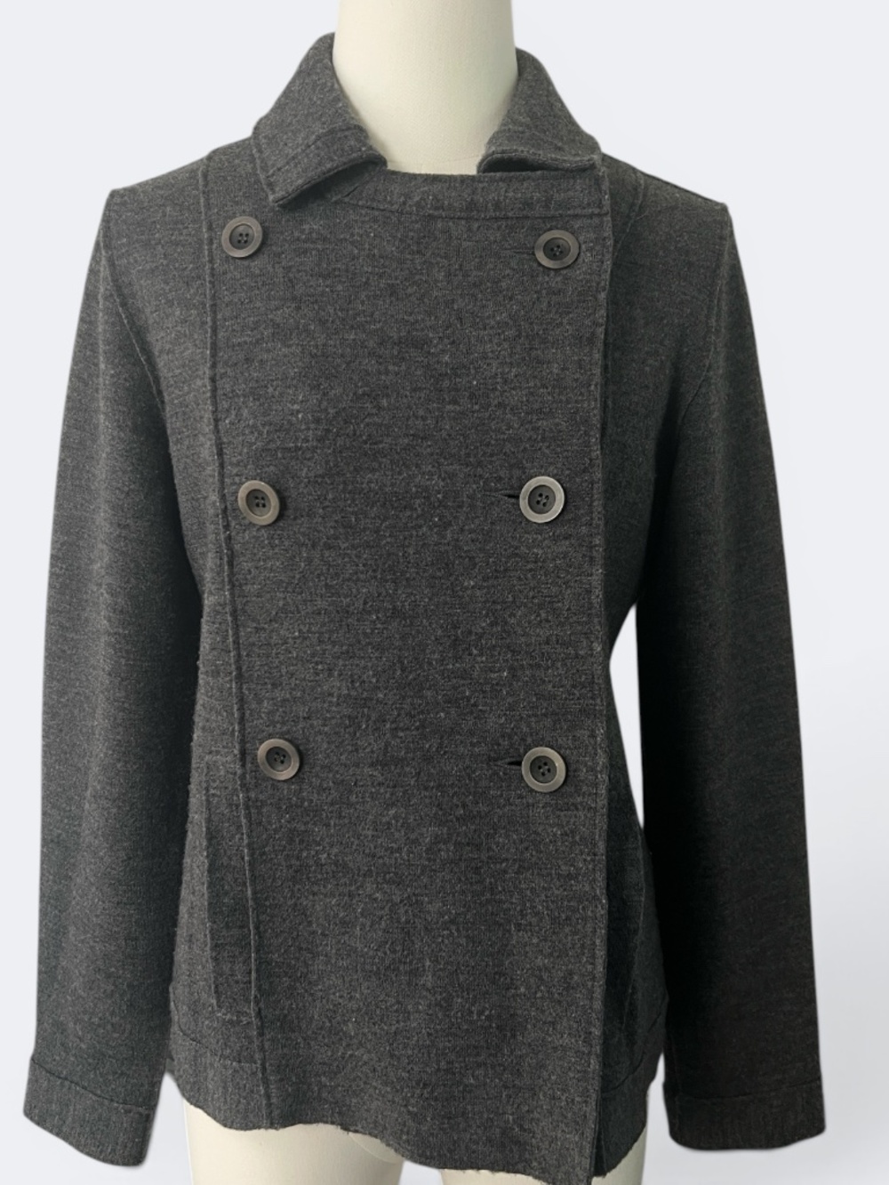 Eileen Fisher Jacket Womens XS‎ Gray Merino Wool Knit Double Breasted Peacoat